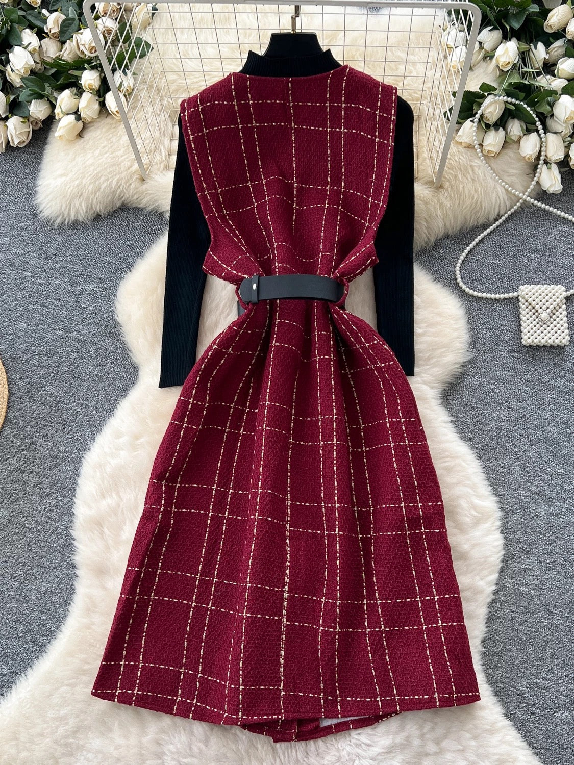 French-style elegant plaid tweed sleeveless dress paired with a high-neck long-sleeved knit top set for women in autumn.