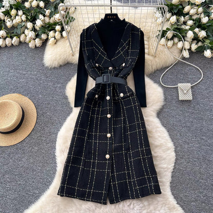 French-style elegant plaid tweed sleeveless dress paired with a high-neck long-sleeved knit top set for women in autumn.