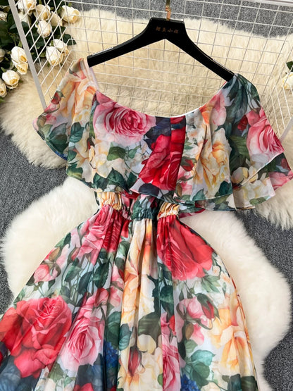French retro floral print tea dress for women, summer style, gentle and flattering, slimming and elegant, super fairy-like chiffon dress with ruffles.