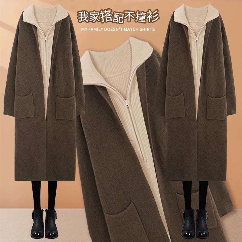 Casual retro thickened sweater cardigan coat for women 2024 autumn and winter loose thickened knitted dress two-piece suit