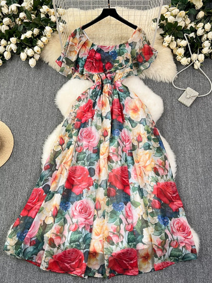 French retro floral print tea dress for women, summer style, gentle and flattering, slimming and elegant, super fairy-like chiffon dress with ruffles.