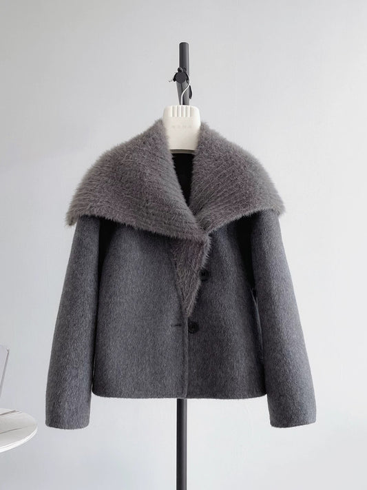 Super good-looking large lapel double-faced wool velvet coat for women Korean style small size wool tweed navy collar coat K299