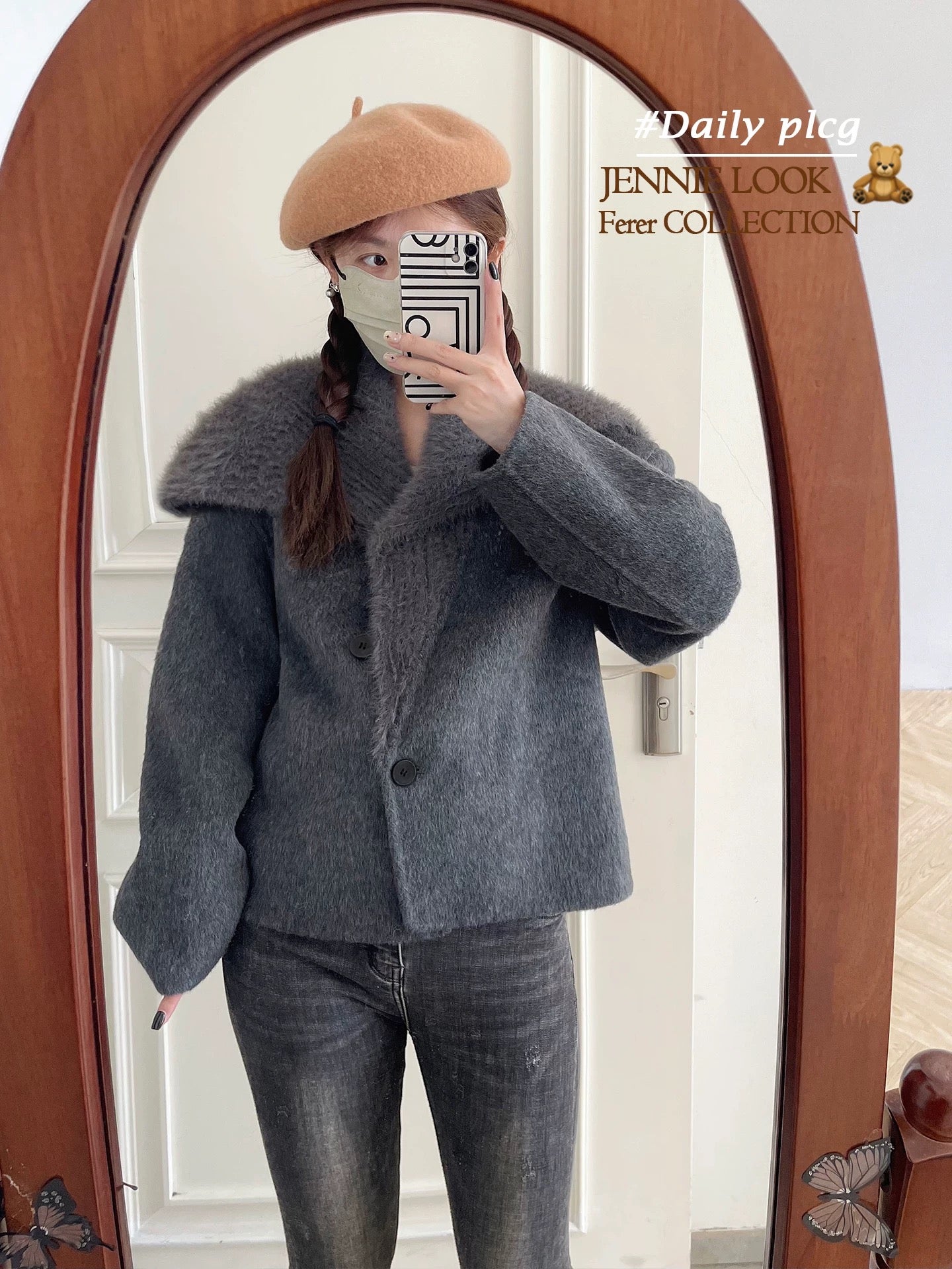 Super good-looking large lapel double-faced wool velvet coat for women Korean style small size wool tweed navy collar coat K299