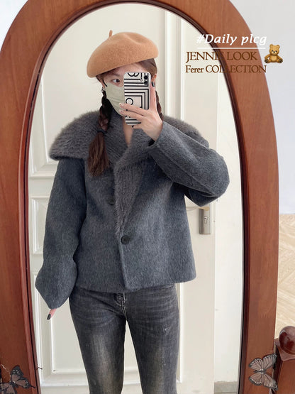 Super good-looking large lapel double-faced wool velvet coat for women Korean style small size wool tweed navy collar coat K299