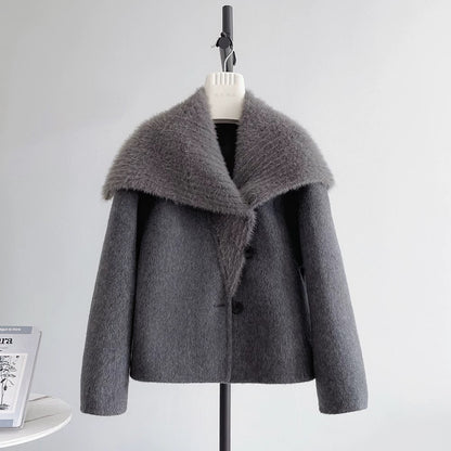 Super good-looking large lapel double-faced wool velvet coat for women Korean style small size wool tweed navy collar coat K299
