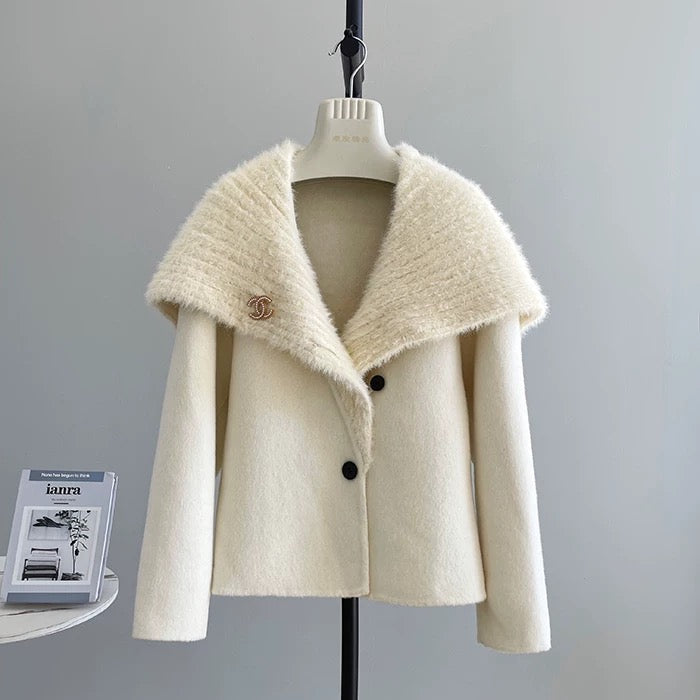 Super good-looking large lapel double-faced wool velvet coat for women Korean style small size wool tweed navy collar coat K299