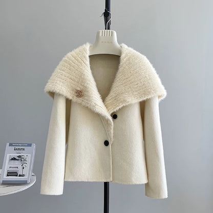 Super good-looking large lapel double-faced wool velvet coat for women Korean style small size wool tweed navy collar coat K299