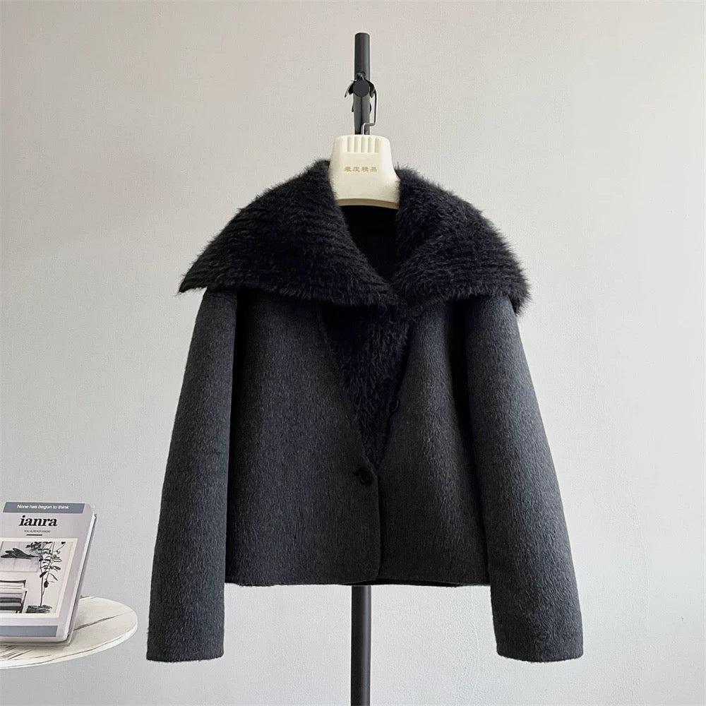 Super good-looking large lapel double-faced wool velvet coat for women Korean style small size wool tweed navy collar coat K299