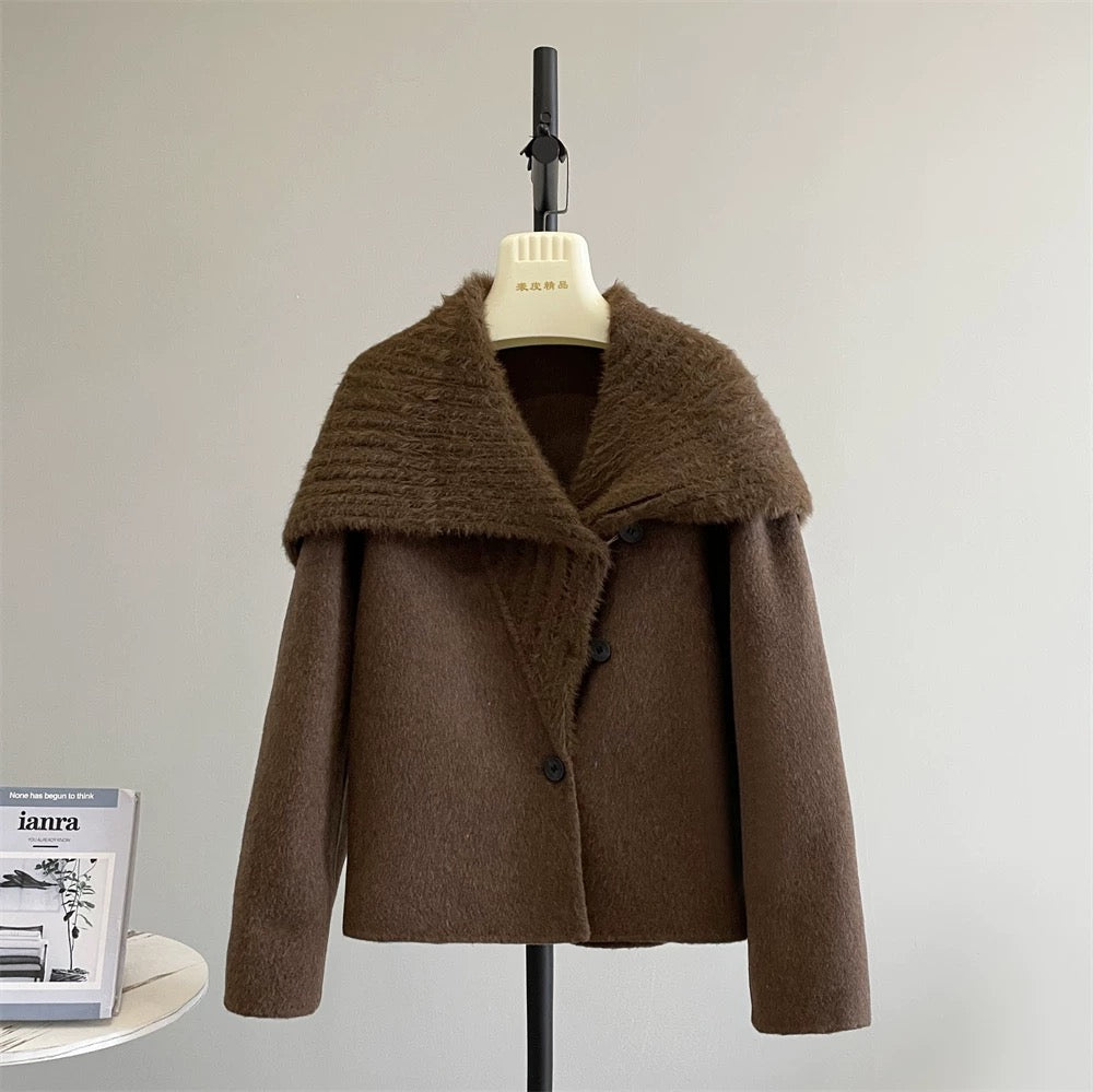 Super good-looking large lapel double-faced wool velvet coat for women Korean style small size wool tweed navy collar coat K299