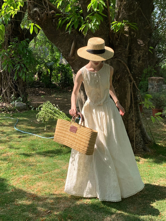 Three Tailors - Apricot Gauze Breeze - French Retro Heavy Embroidery Sleeveless Beautiful Dress for Women - Elegant Long Dress