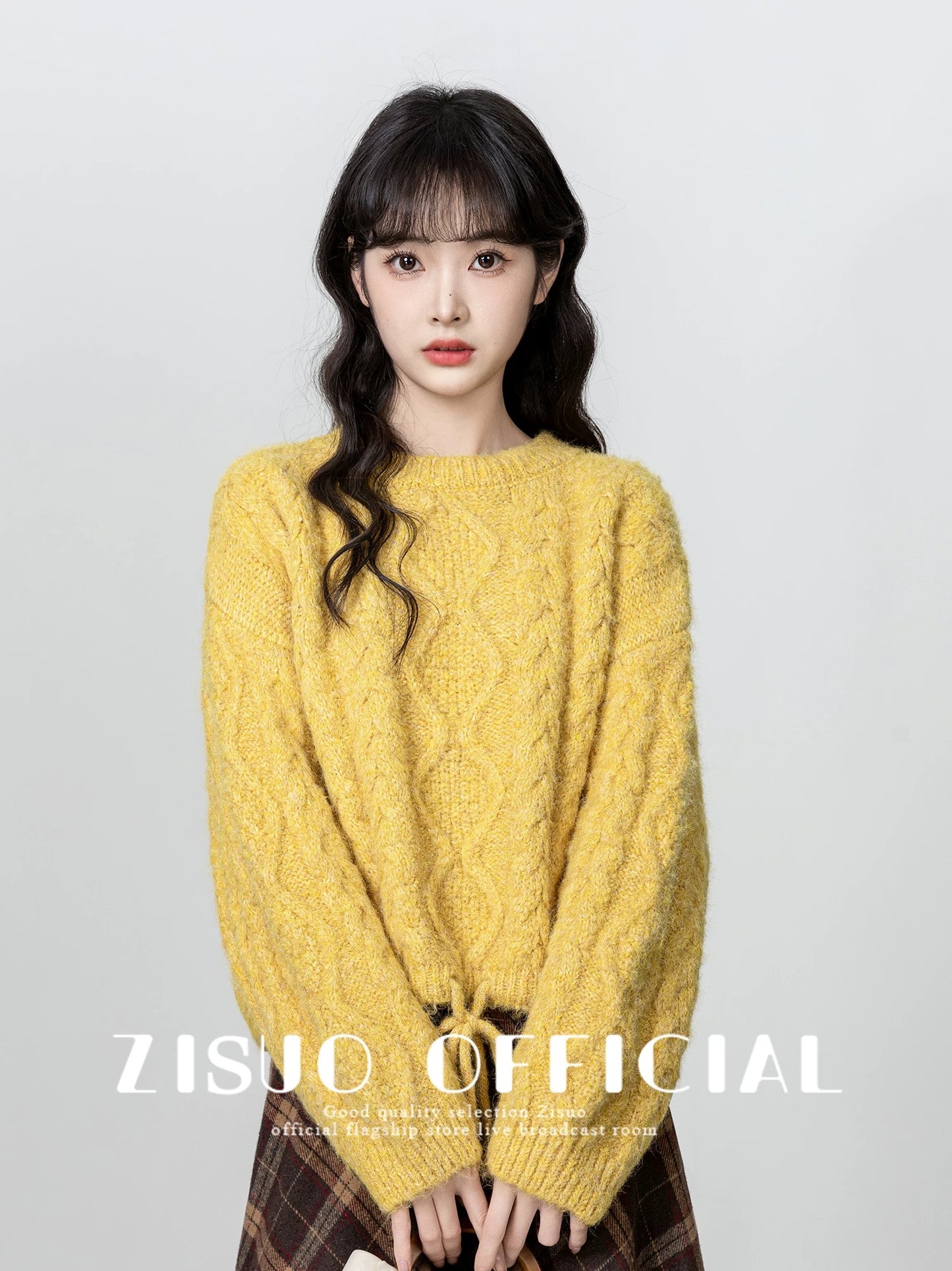 Yellow twist round neck sweater for women 2024 autumn and winter new design loose thickened pullover sweater short top