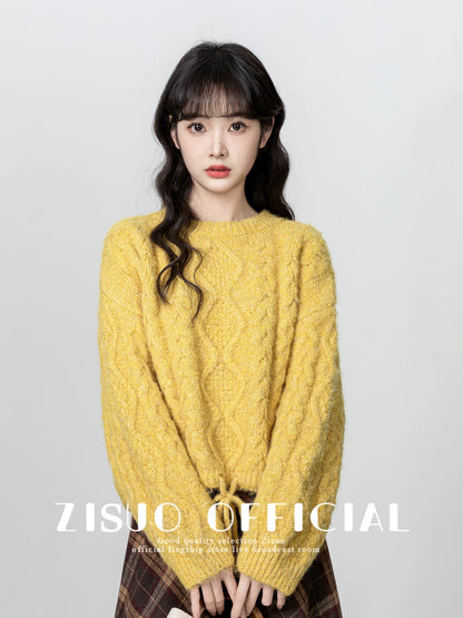 Yellow twist round neck sweater for women 2024 autumn and winter new design loose thickened pullover sweater short top