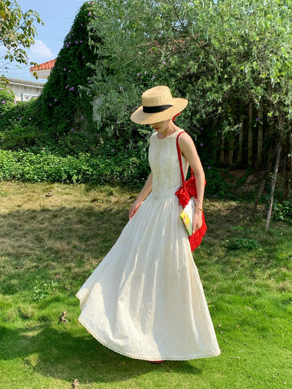 Three Tailors - Apricot Gauze Breeze - French Retro Heavy Embroidery Sleeveless Beautiful Dress for Women - Elegant Long Dress