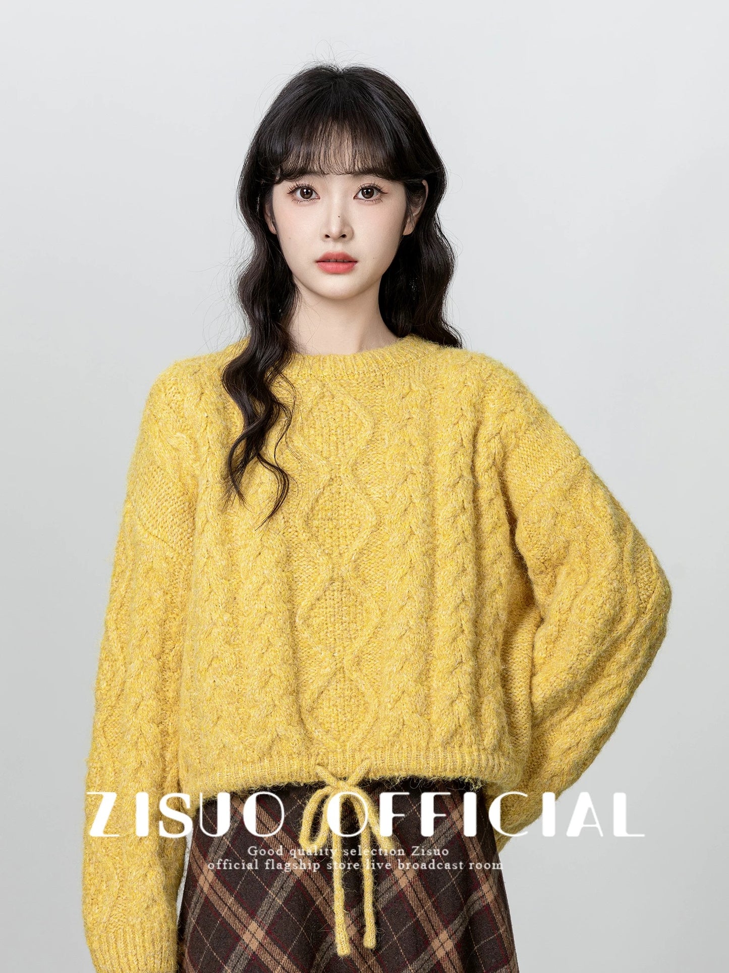 Yellow twist round neck sweater for women 2024 autumn and winter new design loose thickened pullover sweater short top