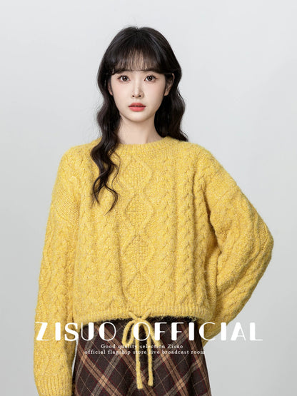 Yellow twist round neck sweater for women 2024 autumn and winter new design loose thickened pullover sweater short top