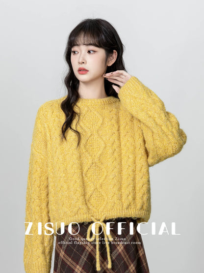 Yellow twist round neck sweater for women 2024 autumn and winter new design loose thickened pullover sweater short top