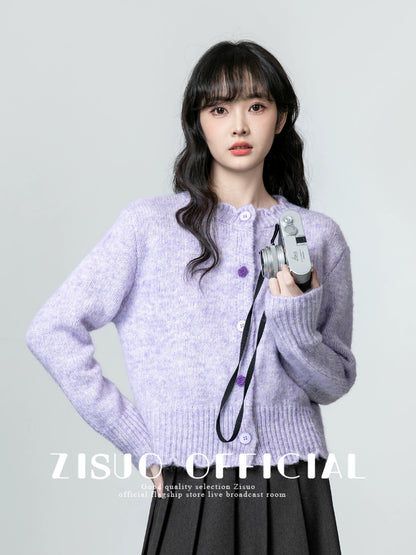 Taro purple round neck sweater jacket for women 2024 autumn and winter new style loose soft waxy thickened knitted cardigan short top
