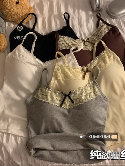 kumikumi pure lust style lace stitching bow camisole women's early spring short slim fit top with breast pads