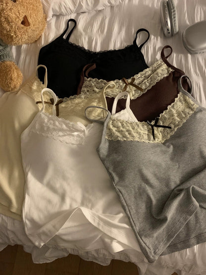 kumikumi pure lust style lace stitching bow camisole women's early spring short slim fit top with breast pads