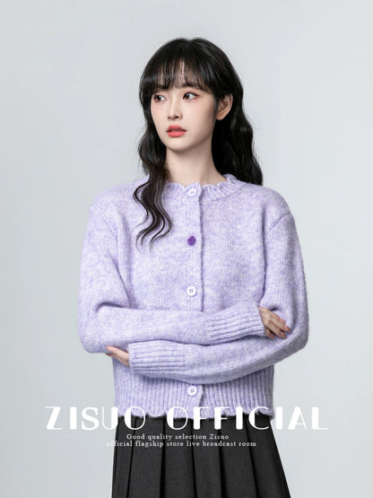 Taro purple round neck sweater jacket for women 2024 autumn and winter new style loose soft waxy thickened knitted cardigan short top