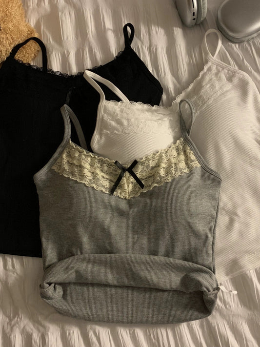 kumikumi pure lust style lace stitching bow camisole women's early spring short slim fit top with breast pads