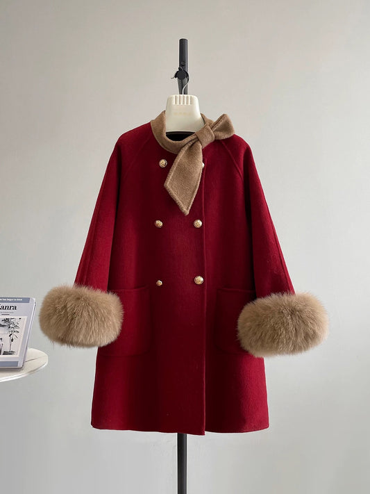 New Year's Eve wool double-faced bow tie fox fur mid-length wool coat fur autumn and winter K646