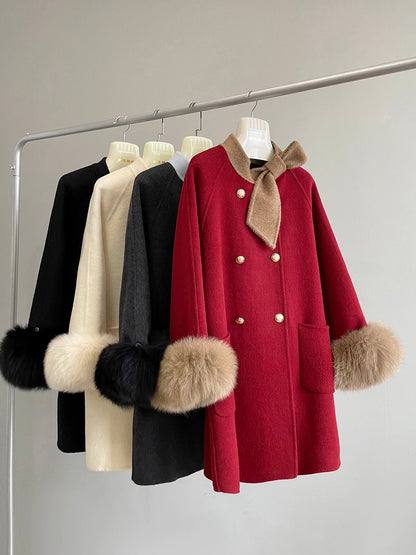 New Year's Eve wool double-faced bow tie fox fur mid-length wool coat fur autumn and winter K646