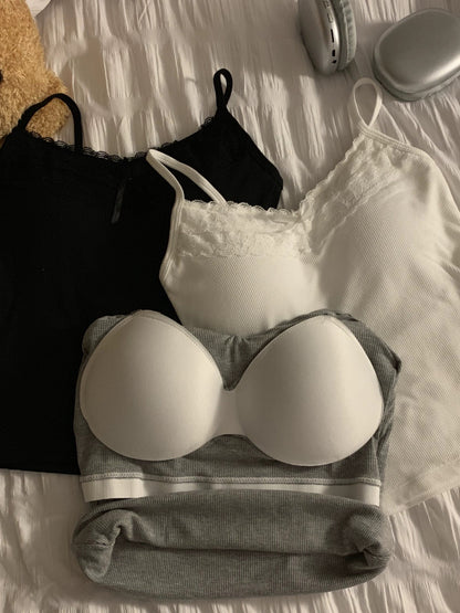 kumikumi pure lust style lace stitching bow camisole women's early spring short slim fit top with breast pads