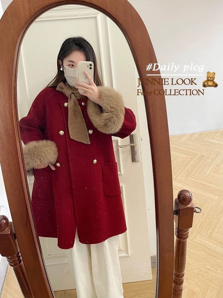 New Year's Eve wool double-faced bow tie fox fur mid-length wool coat fur autumn and winter K646