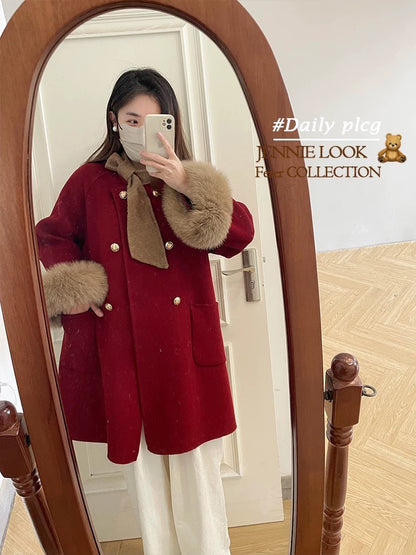 New Year's Eve wool double-faced bow tie fox fur mid-length wool coat fur autumn and winter K646