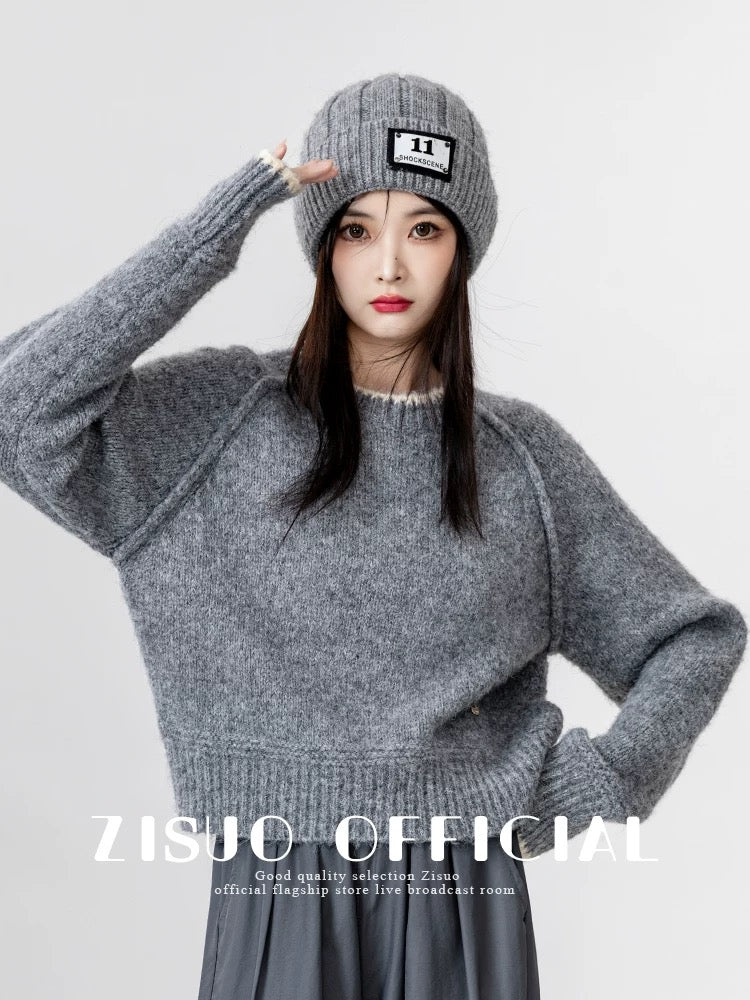 Gray round neck sweater for women thickened 2024 autumn and winter new loose inner bottoming sweater outer short top