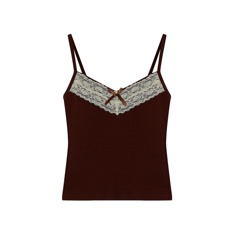 kumikumi pure lust style lace stitching bow camisole women's early spring short slim fit top with breast pads