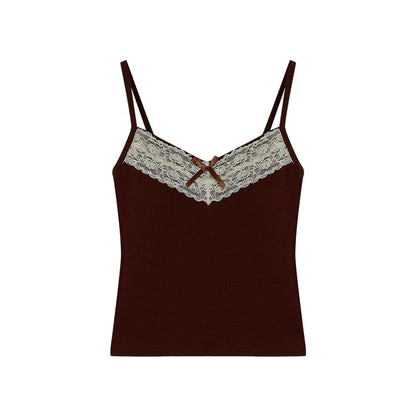 kumikumi pure lust style lace stitching bow camisole women's early spring short slim fit top with breast pads