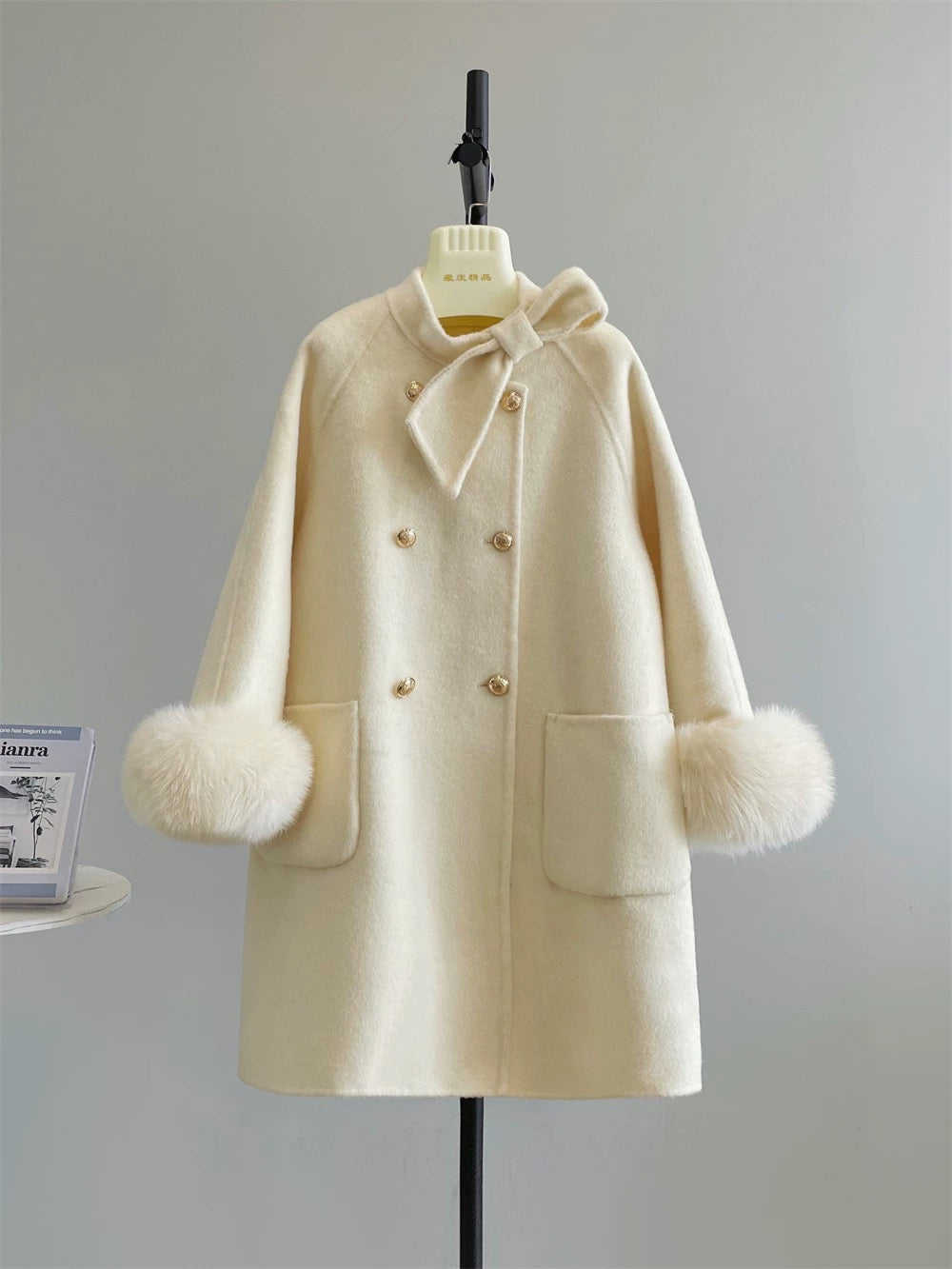 New Year's Eve wool double-faced bow tie fox fur mid-length wool coat fur autumn and winter K646