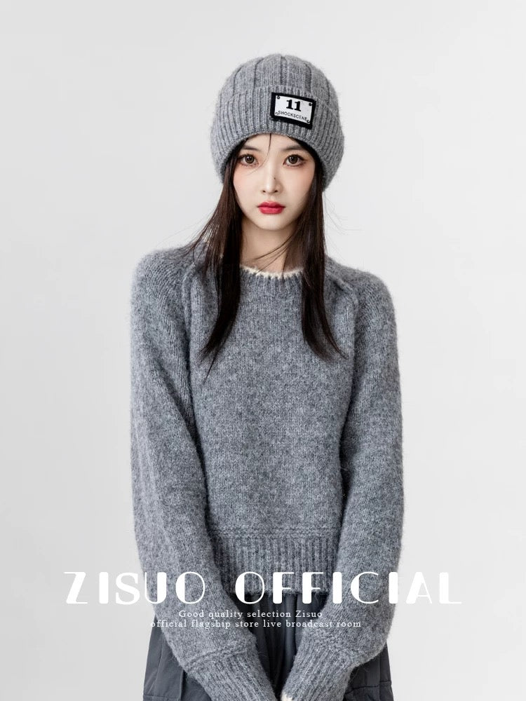 Gray round neck sweater for women thickened 2024 autumn and winter new loose inner bottoming sweater outer short top