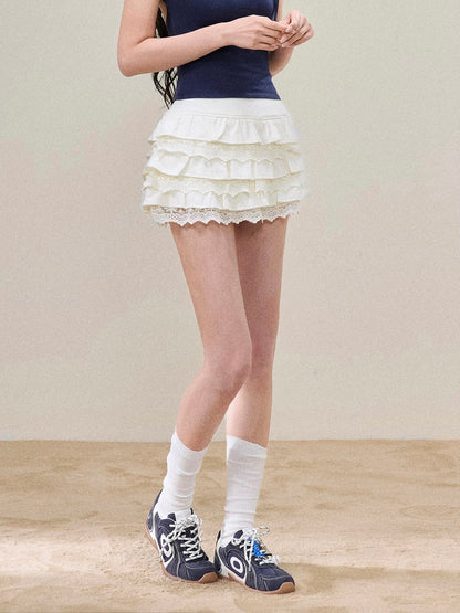 Sweety White Lace-Trimmed Layered Skirt for Women, Summer Slim Fit, Versatile Short Skirt, Cake Skirt