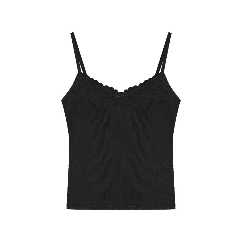 kumikumi pure lust style lace stitching bow camisole women's early spring short slim fit top with breast pads
