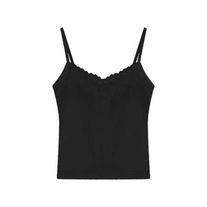 kumikumi pure lust style lace stitching bow camisole women's early spring short slim fit top with breast pads