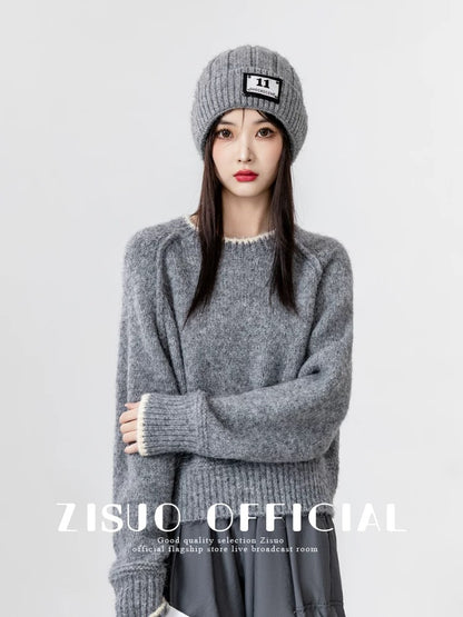 Gray round neck sweater for women thickened 2024 autumn and winter new loose inner bottoming sweater outer short top