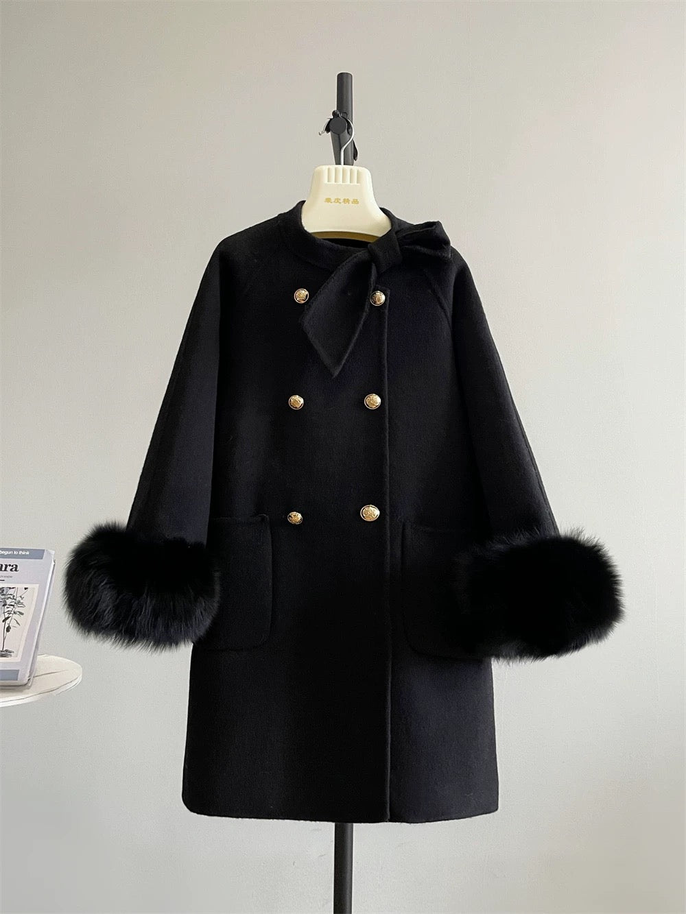 New Year's Eve wool double-faced bow tie fox fur mid-length wool coat fur autumn and winter K646