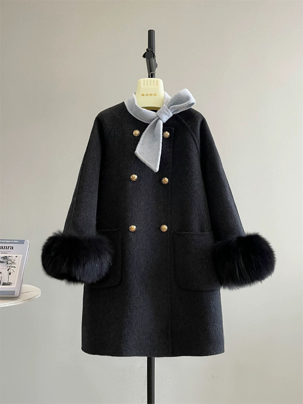 New Year's Eve wool double-faced bow tie fox fur mid-length wool coat fur autumn and winter K646