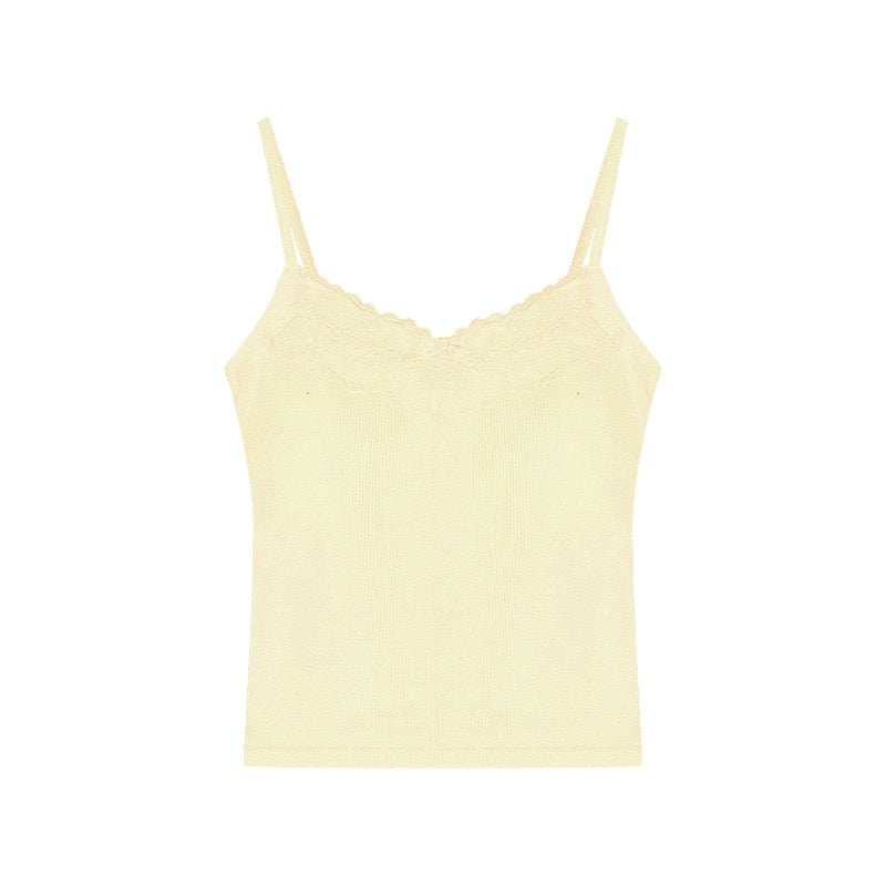 kumikumi pure lust style lace stitching bow camisole women's early spring short slim fit top with breast pads