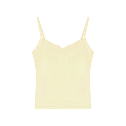 kumikumi pure lust style lace stitching bow camisole women's early spring short slim fit top with breast pads