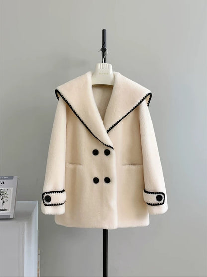 Snow White Navy Collar 2023 Autumn and Winter New Sheep Shearling Fur Integrated Women's Lamb Fur Coat C40