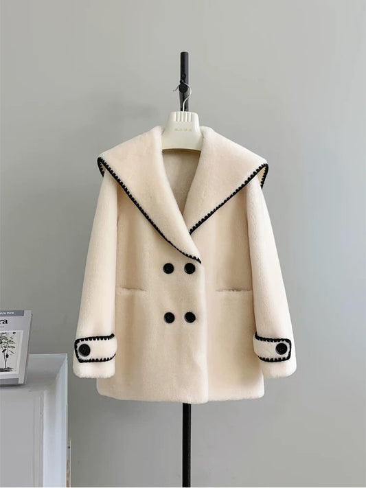 Snow White Navy Collar 2023 Autumn and Winter New Sheep Shearling Fur Integrated Women's Lamb Fur Coat C40
