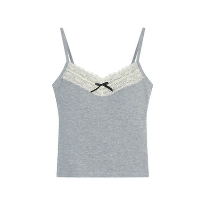 kumikumi pure lust style lace stitching bow camisole women's early spring short slim fit top with breast pads