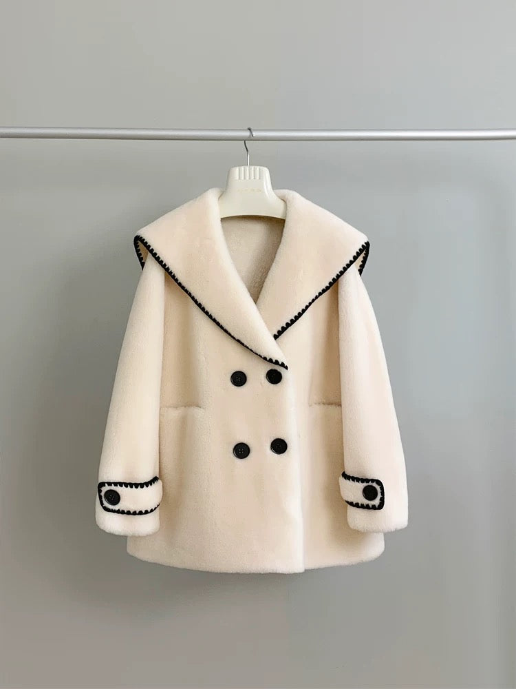Snow White Navy Collar 2023 Autumn and Winter New Sheep Shearling Fur Integrated Women's Lamb Fur Coat C40