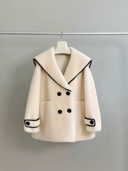 Snow White Navy Collar 2023 Autumn and Winter New Sheep Shearling Fur Integrated Women's Lamb Fur Coat C40