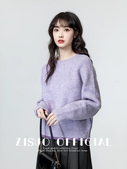Purple round neck pullover sweater for women 2024 new autumn and winter loose and versatile soft waxy thickened sweater inner top