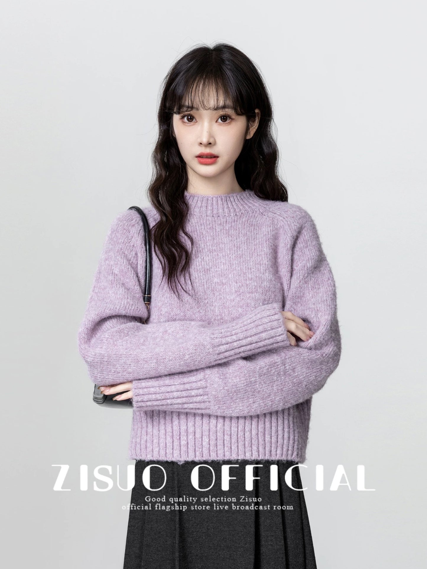 Purple half turtleneck sweater for women thickened 2024 autumn and winter new soft waxy pullover sweater with short top